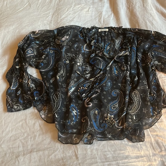 ZADIG & VOLTAIRE Black Talisa Paisley Printed Embellished Smoked Blouse Sz XS 🎸 - Picture 9 of 9